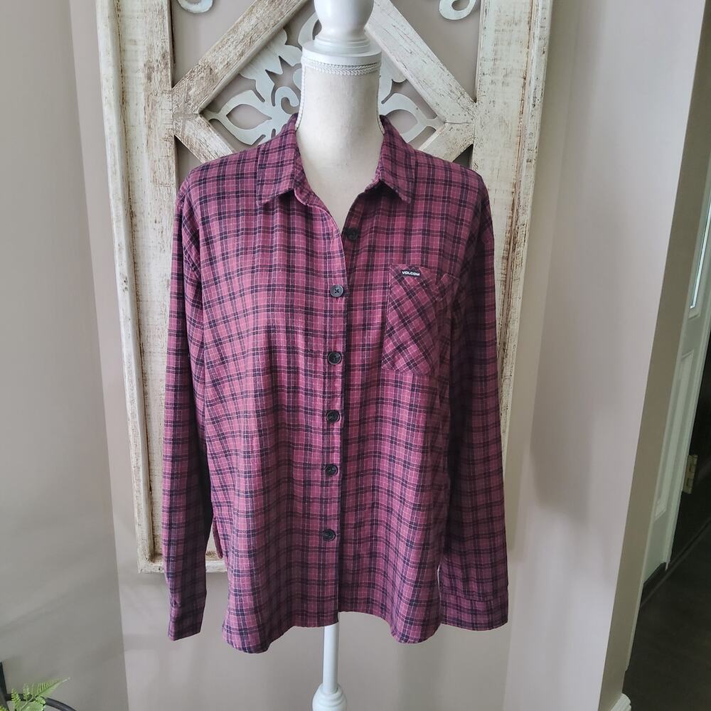 Valcom Eggplant Purple Black Plaid Long Sleeve Button Down Shirt Small NWT